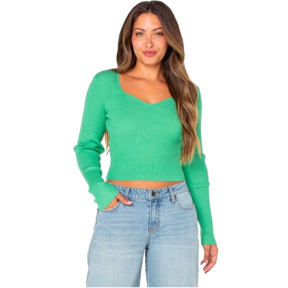 Celebrity Pink Womens Sweetheart Neck Ribbed Long Sleeve Cropped Top Green SizeM - Picture 3 of 10